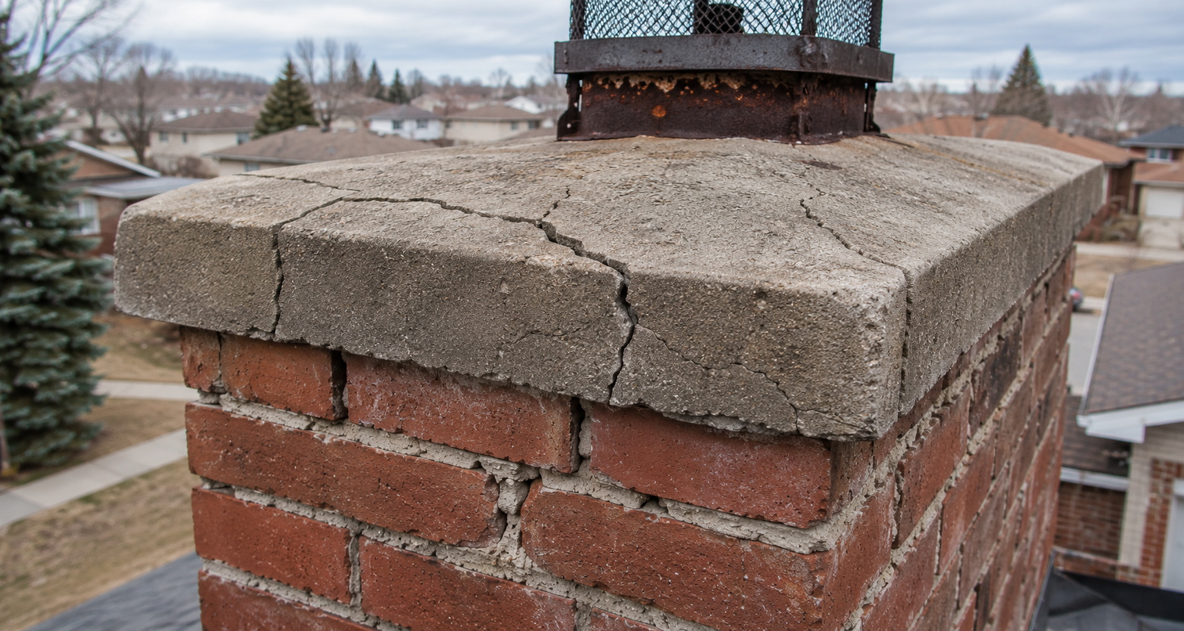 Chimney crown damage in Regina showing cracked mortar and spalled brick