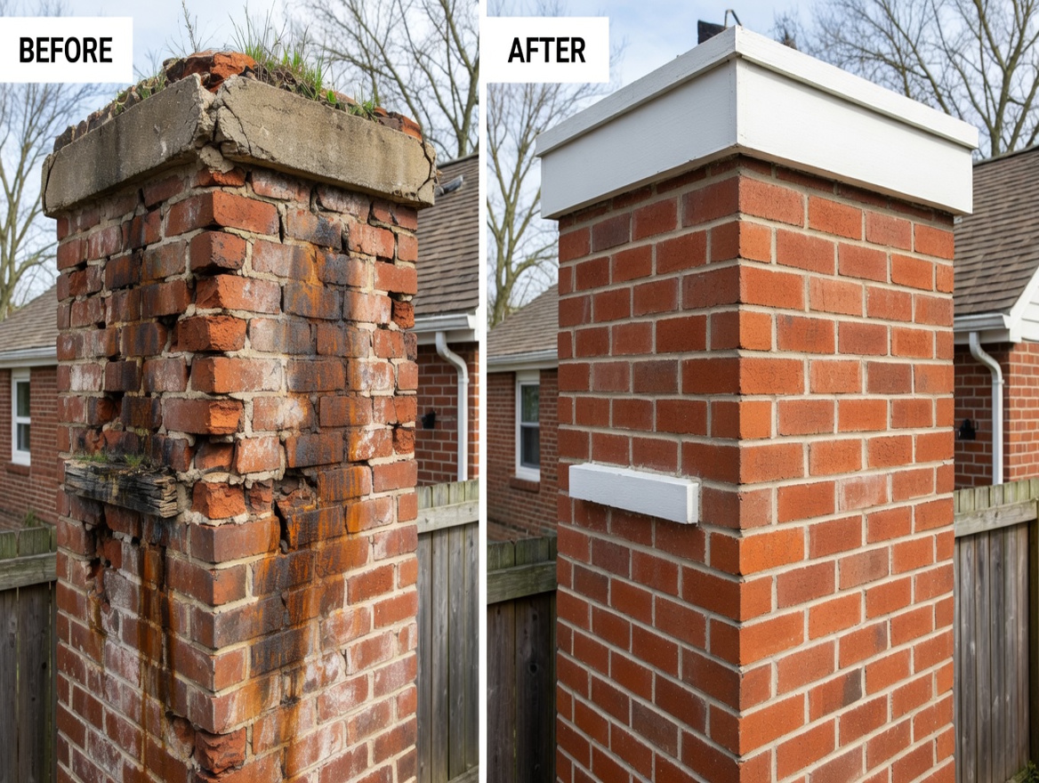 Before and after chimney repair by Regina Masonry showing restored mortar joints and crown