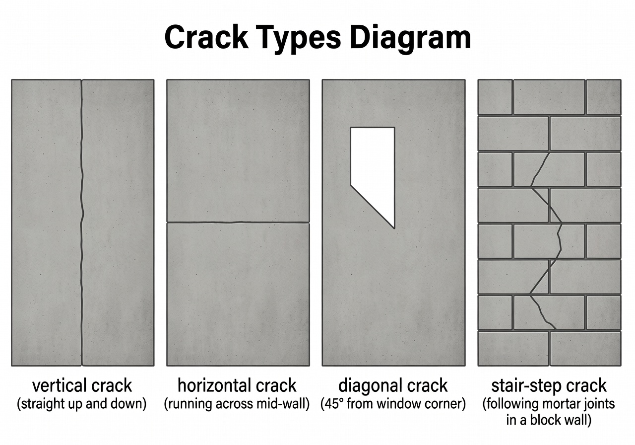 Foundation crack types diagram showing vertical, horizontal, diagonal and stair-step cracks