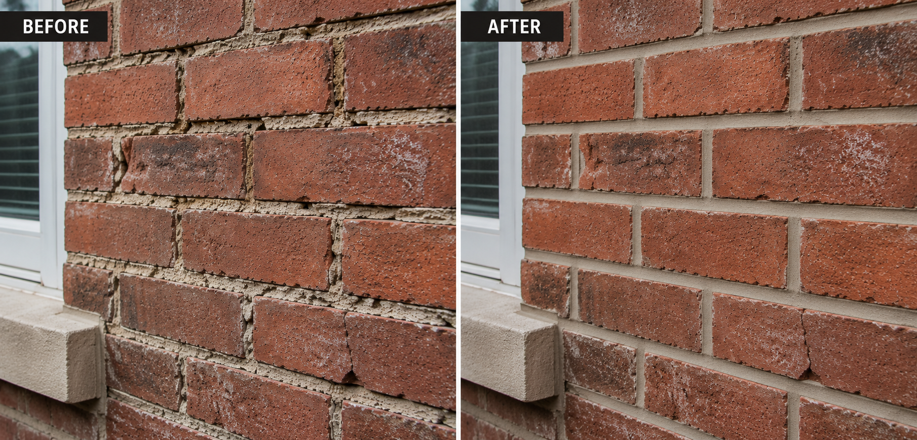 Before and after comparison of professional mortar repointing on a Regina brick wall